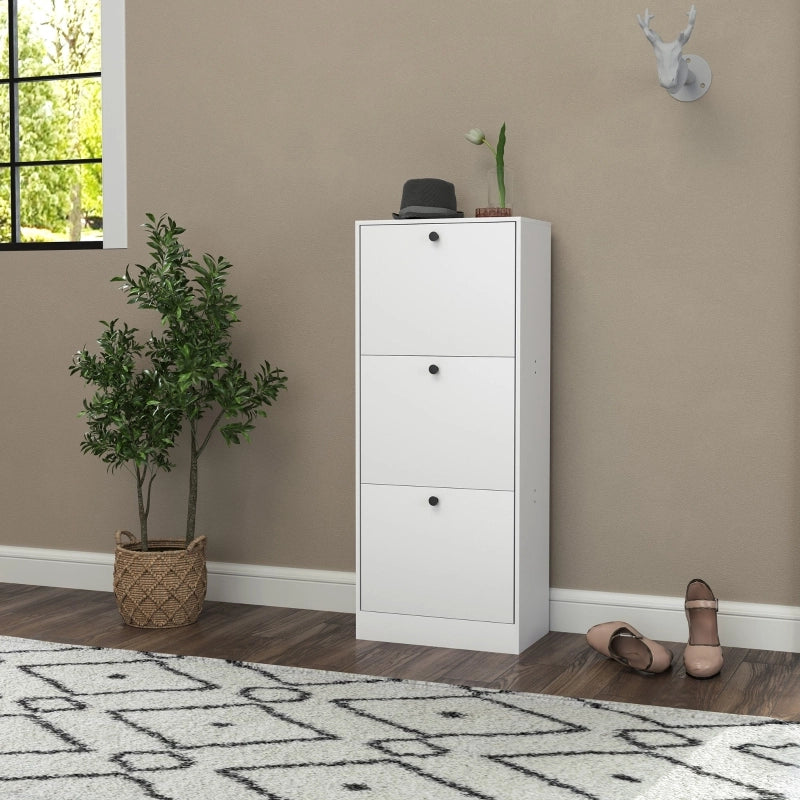 Scarpiera slim con 3 ribalte e ripiani regolabili per 12 paia, per ingresso, in legno, bianca, 47 × 28 × 115 cm