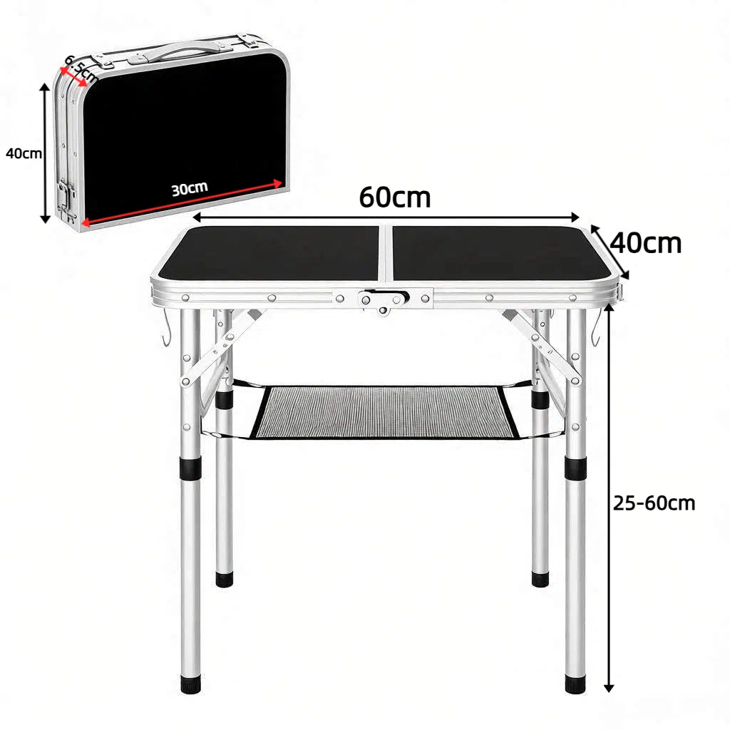 Tavolo da giardino bistrot pieghevole con rete portaoggetti e 4 altezze regolabili per esterno in MDF e alluminio 60x40 cm nero