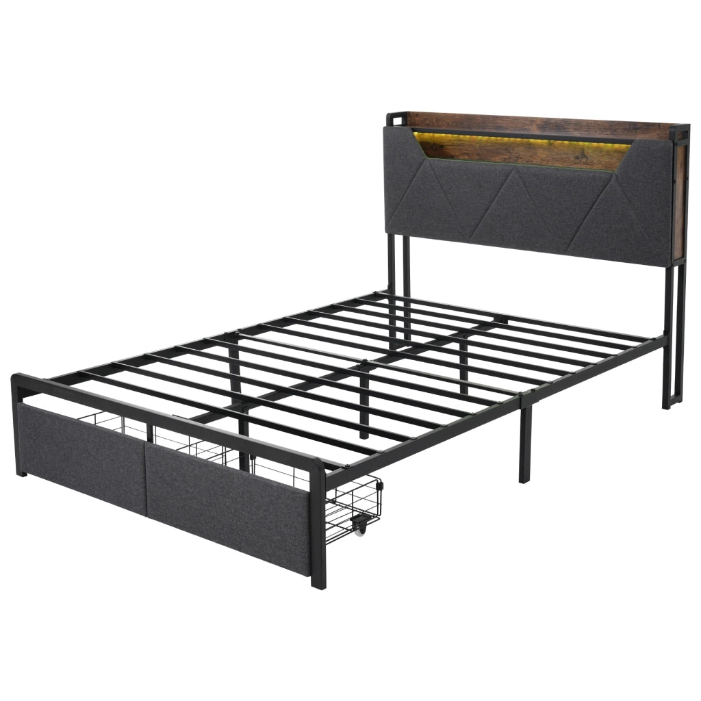 Letto matrimoniale imbottito 160x200 cm con testiera contenitore USB Type-C e LED, cassetti, rete a doghe in metallo - Grigio (Senza materasso)
