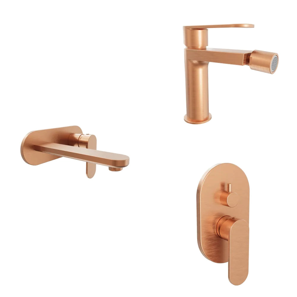 Set miscelatori lavabo ad incasso placca stondata bidet miscelatore doccia con deviatore rame spazzolato | Margot