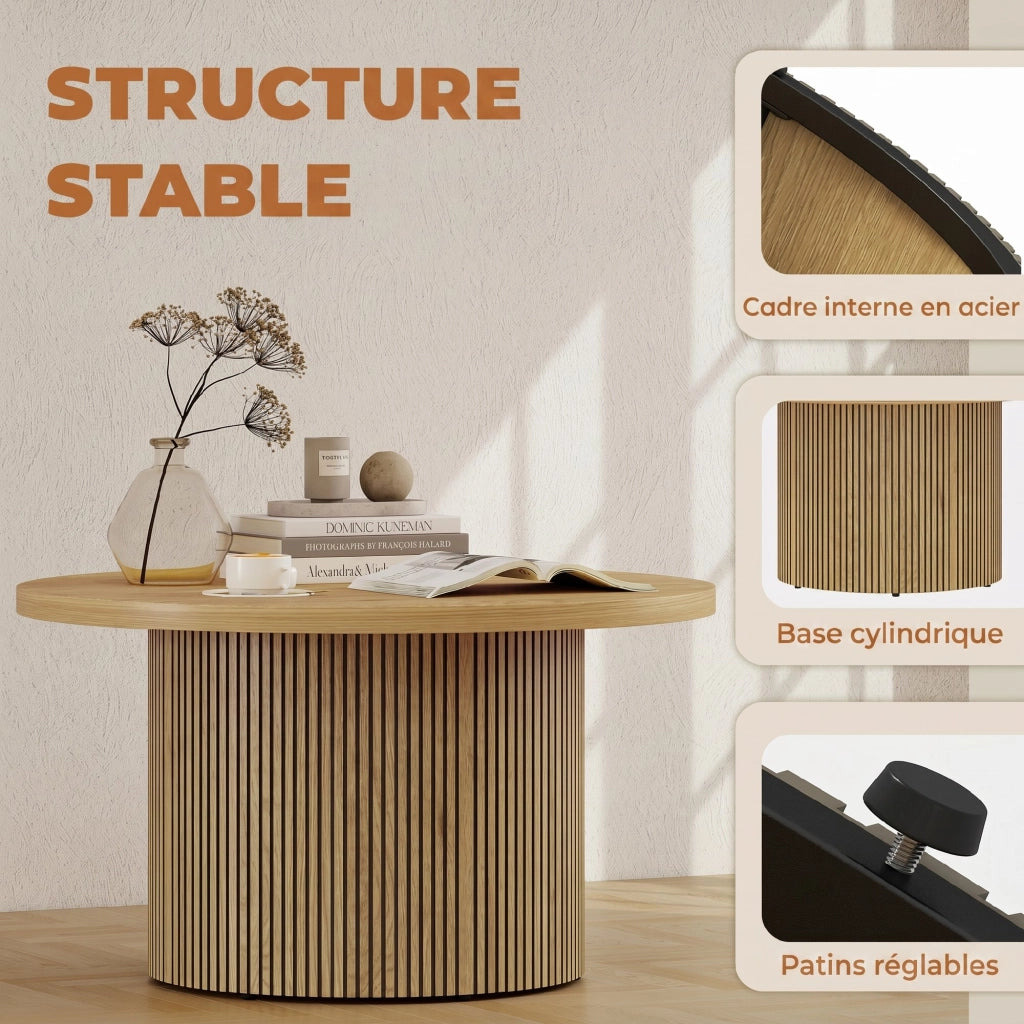 Tavolino da salotto rotondo effetto legno naturale con base scanalata, tavolo basso moderno e robusto per soggiorno