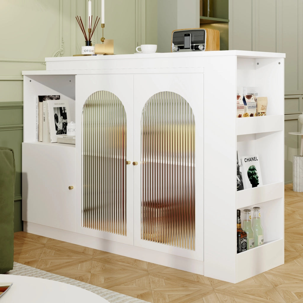 Mobile bar girevole a 360° con ante in vetro; ripiani aperti e vani chiusi; MDF bianco 120 × 40 × 97 cm