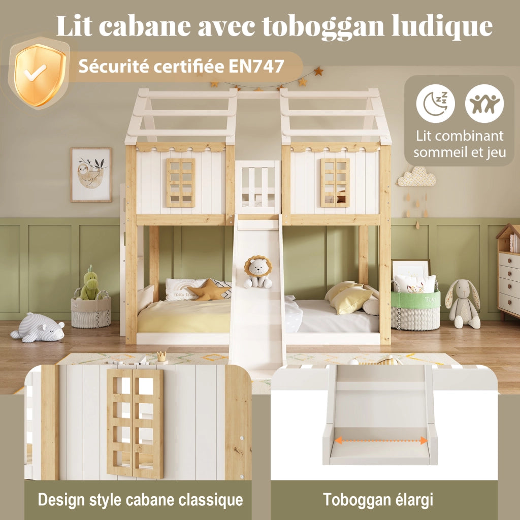 Letto a castello a casetta per bambini 90 x 200 cm; con scivolo; scala flessibile; protezione anticaduta a 360  ; finestra; struttura in legno; bianco