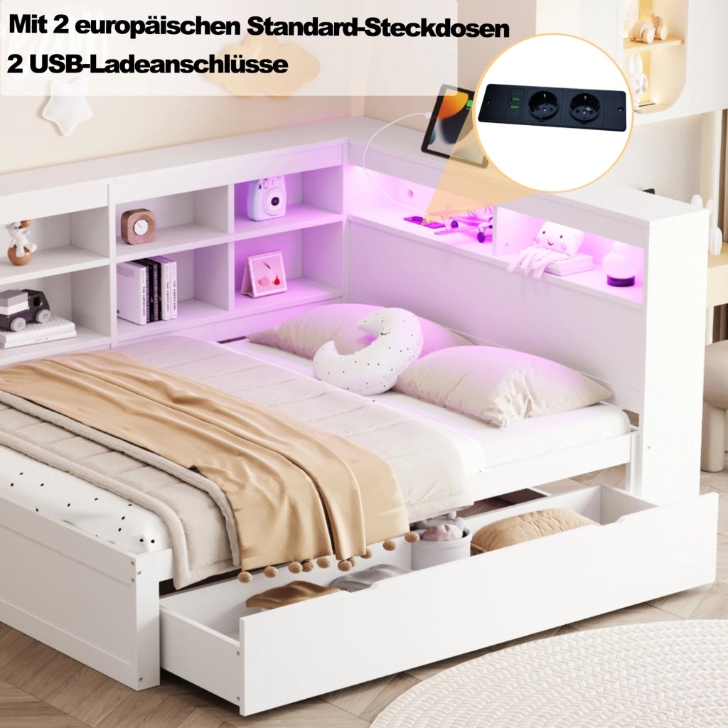 Letto contenitore matrimoniale 140×200 cm con USB; LED; ripiani e cassetti; senza materasso; legno; bianco
