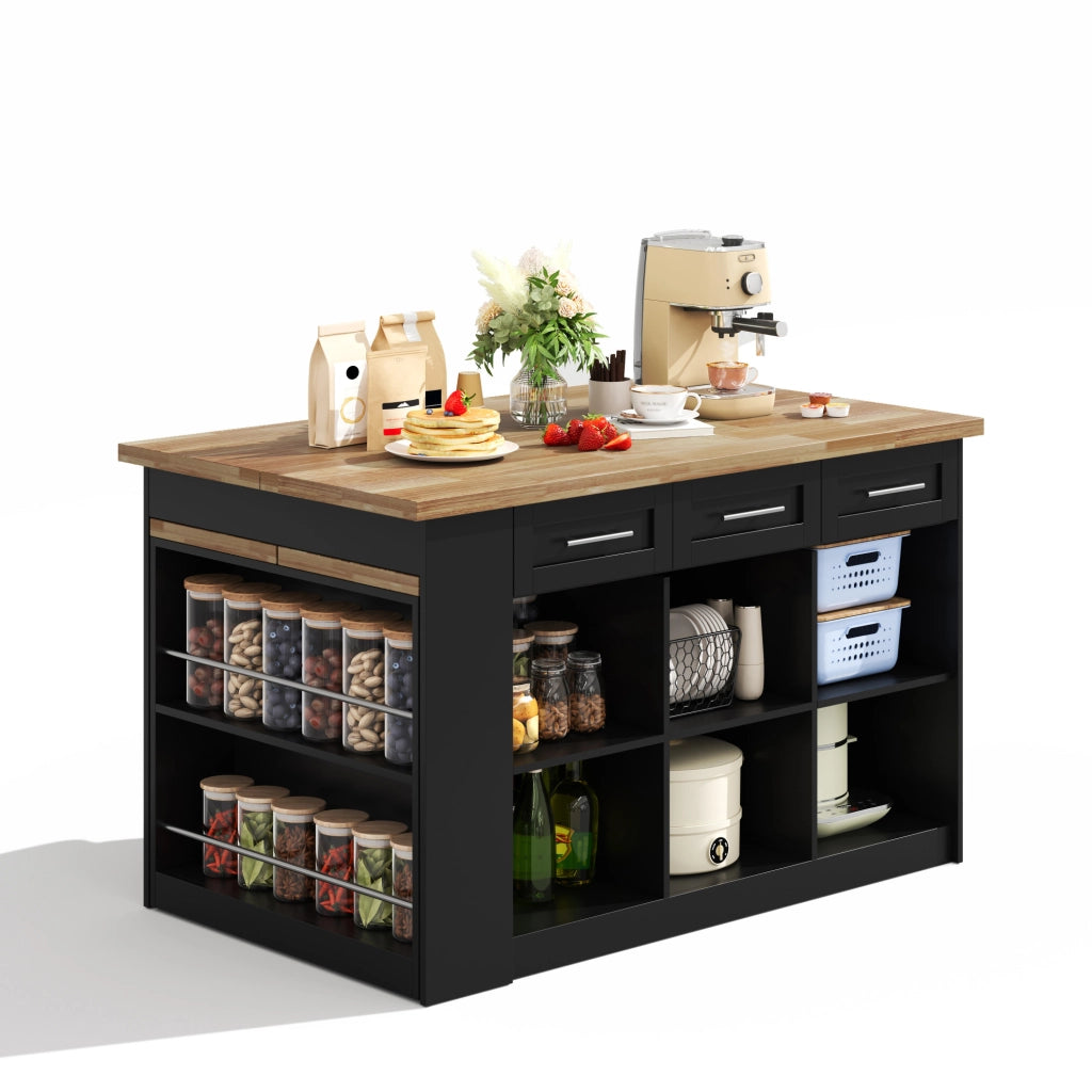 Isola da cucina 150x90x90 cm con tavolo estraibile 80x96 cm; MDF naturale e nero