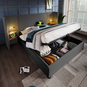 Letto imbottito 160x200 cm grigio con vano contenitore, luce LED, USB e Type-C