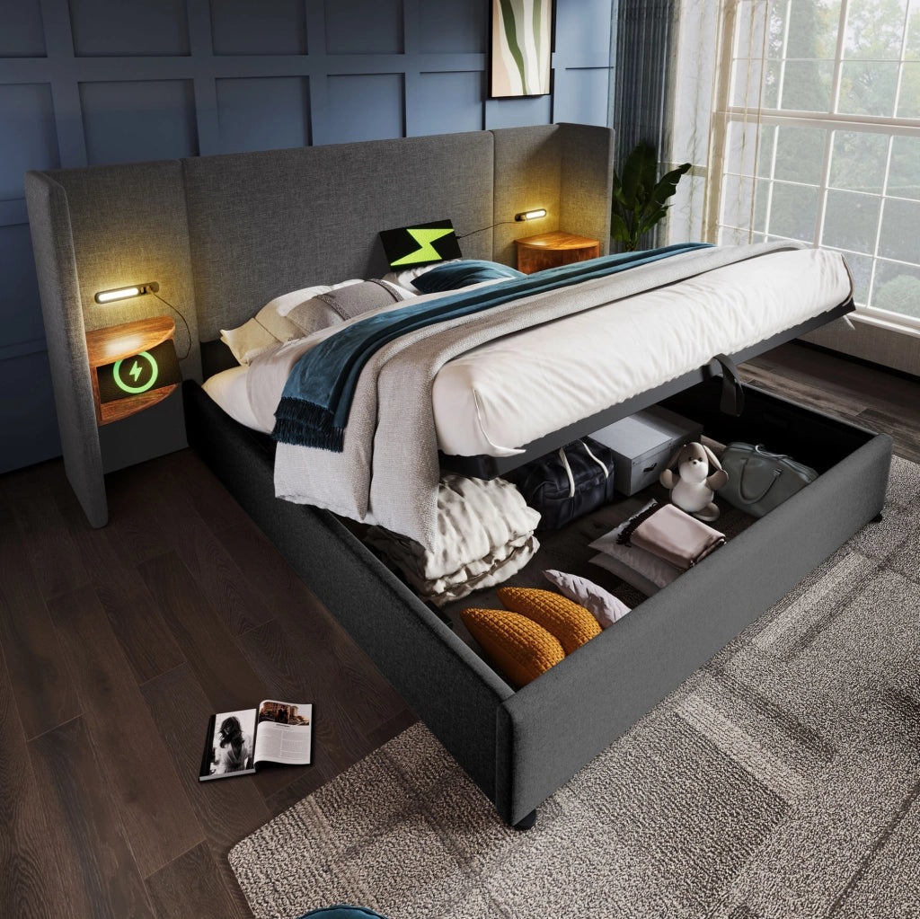 Letto imbottito 160x200 cm grigio con vano contenitore, luce LED, USB e Type-C