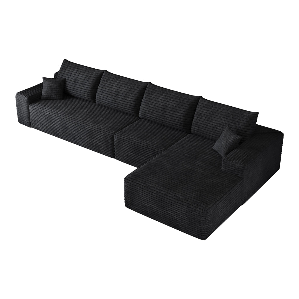 Divano angolare modulare con chaise longue e seduta profonda, senza montaggio, in tessuto a coste nero