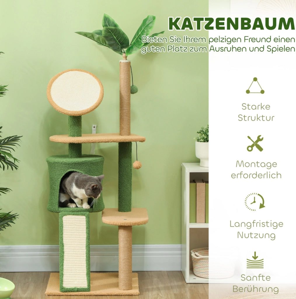 Tiragraffi verde 139 cm con cuccia, rampa e giochi per gatti
