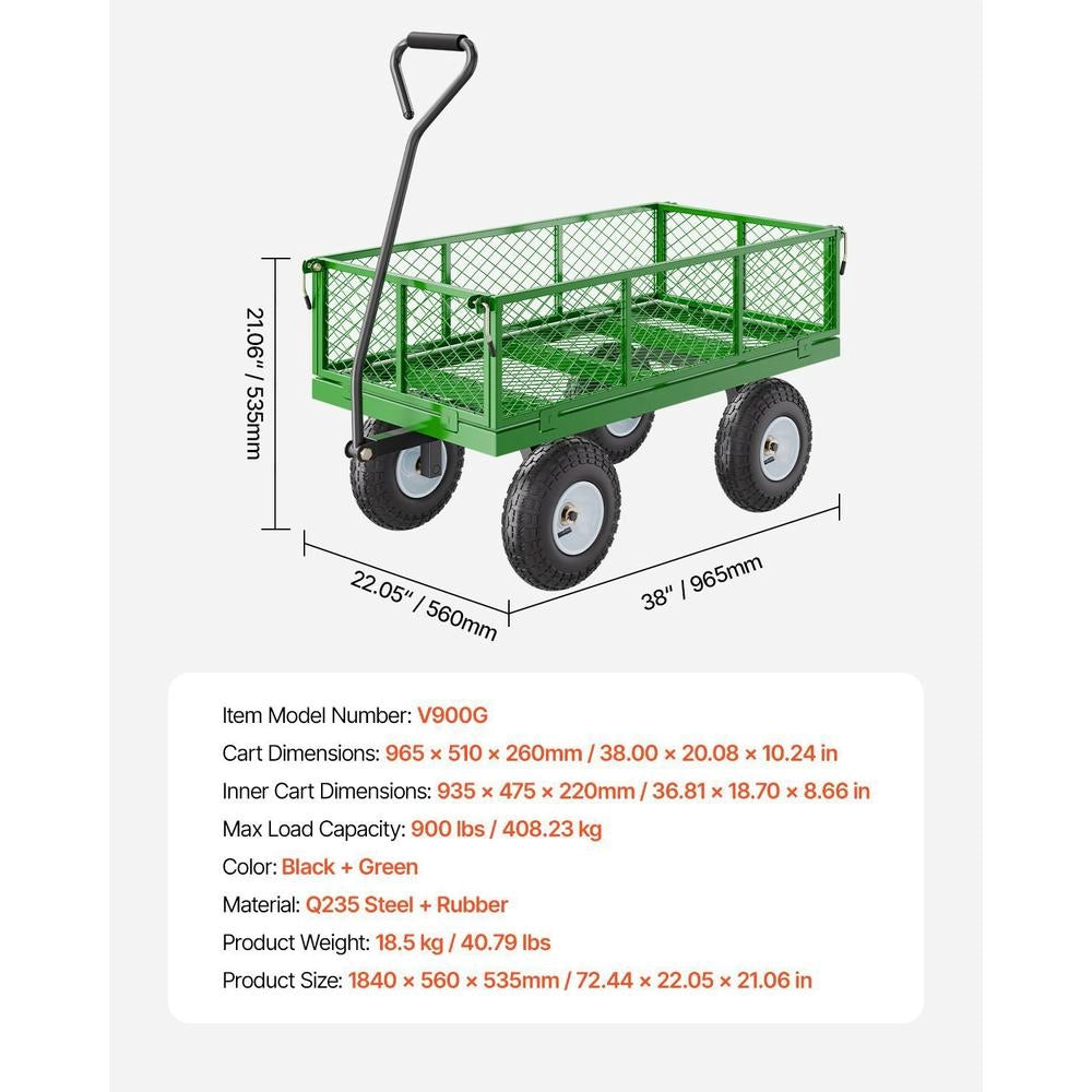 Wagon 408.23 Kg, Transport Wagon, Equipment Wagon, Garden Wagon, Handcart With 10-inch Tires And Removable Mesh Side Panels (convertible To A Flatbed) And 180° Rotating Handle