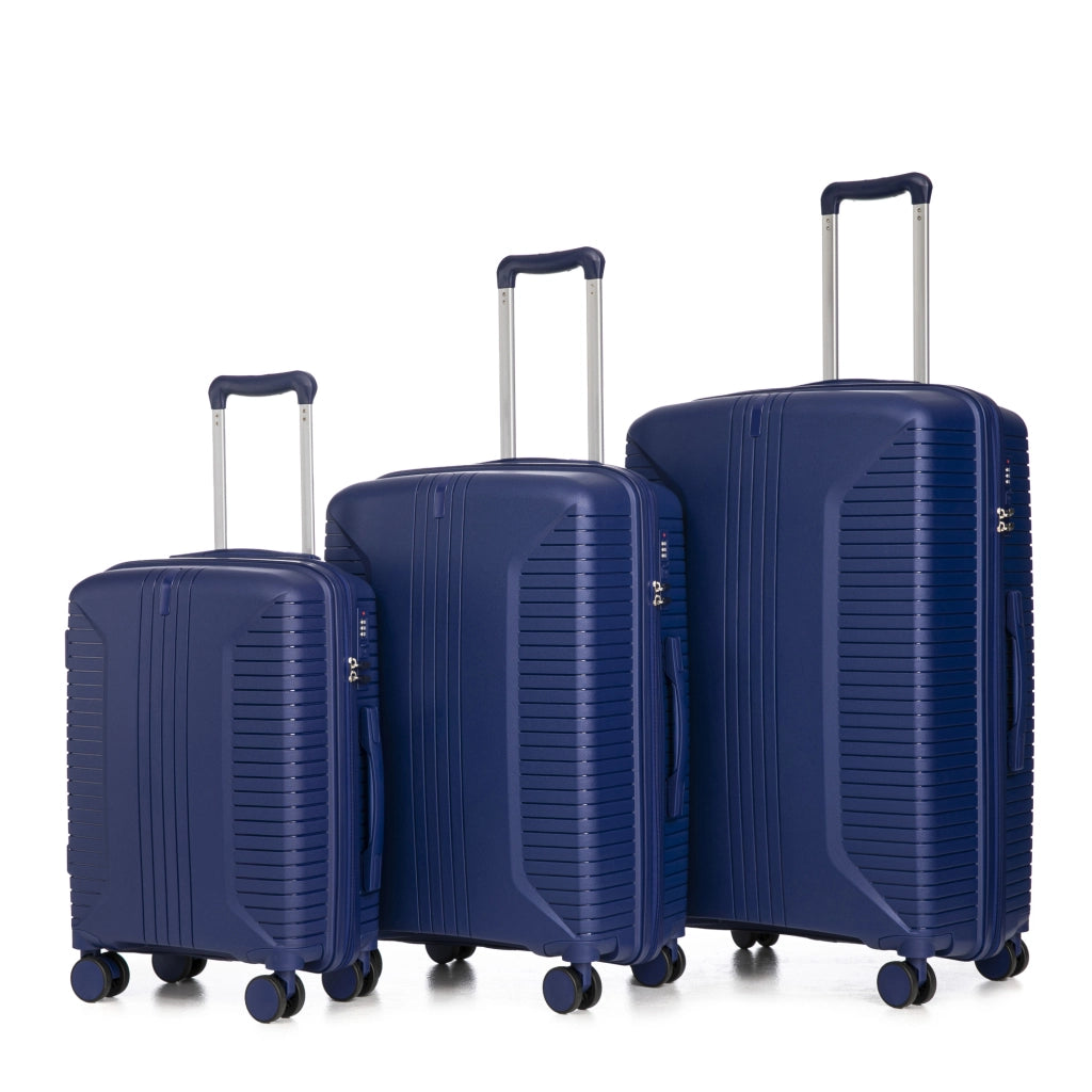 Set 3 valigie blu in polipropilene; ruote spinner 360 e chiusura a combinazione