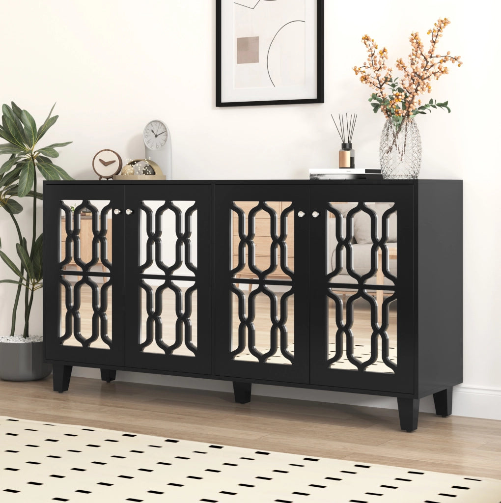 Madia nera effetto specchio con 4 ante; 2 ripiani regolabili; 160 x 40 x 84 cm