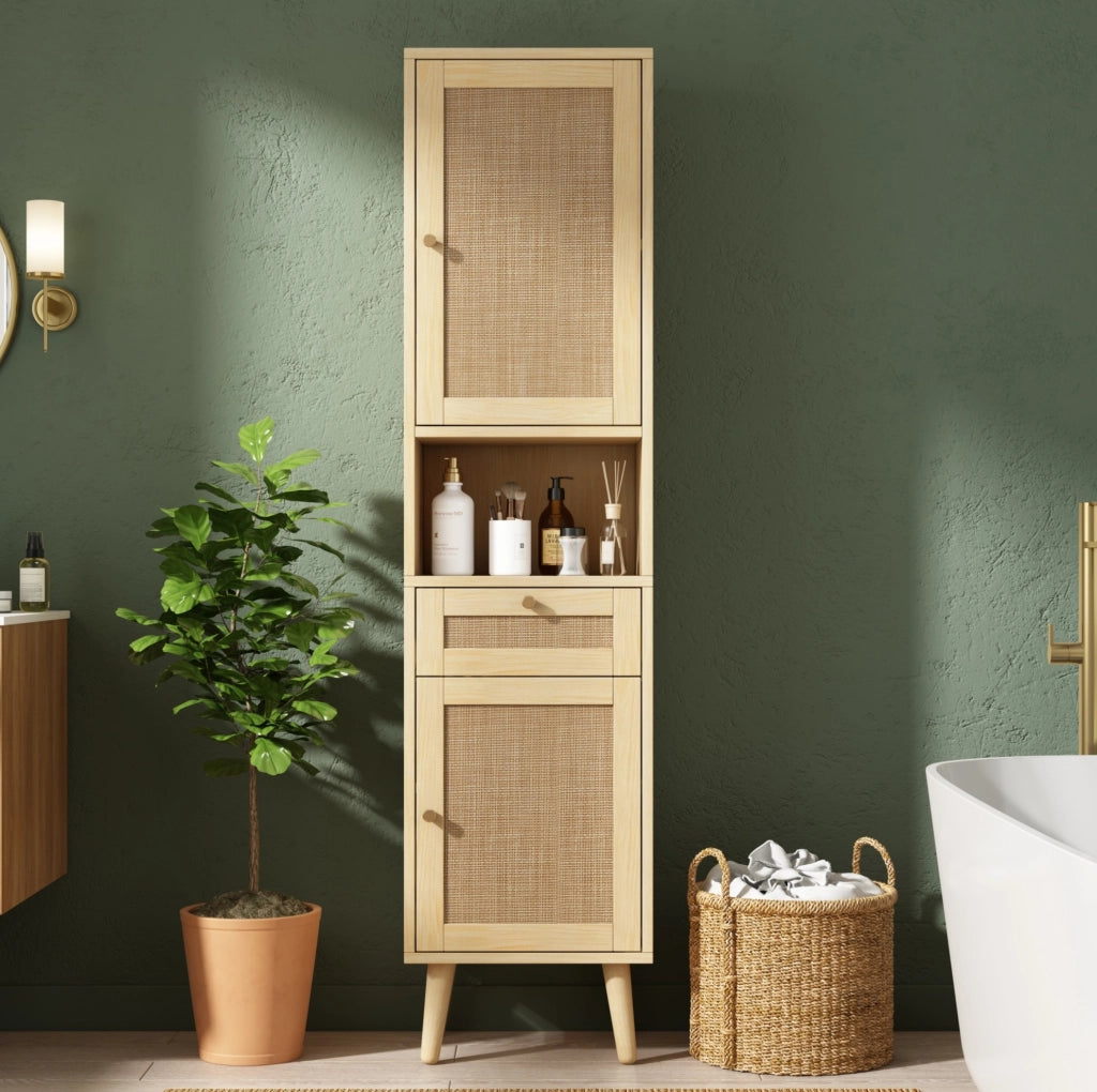Colonna da bagno autoportante 166 cm con ante in rattan reversibili e cassetto, finitura legno naturale, 40×30×166 cm