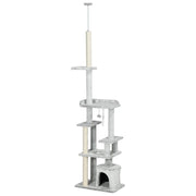 ALBERO TIRAGRAFFI PER GATTI A SOFFITTO CON PIATTAFORME E CASETTA, 60X40X225-255CM, GRIGIO