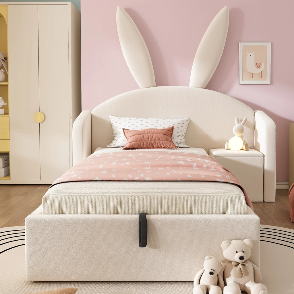Letto imbottito per bambini 90 x 190 cm beige con testiera con orecchie di coniglio