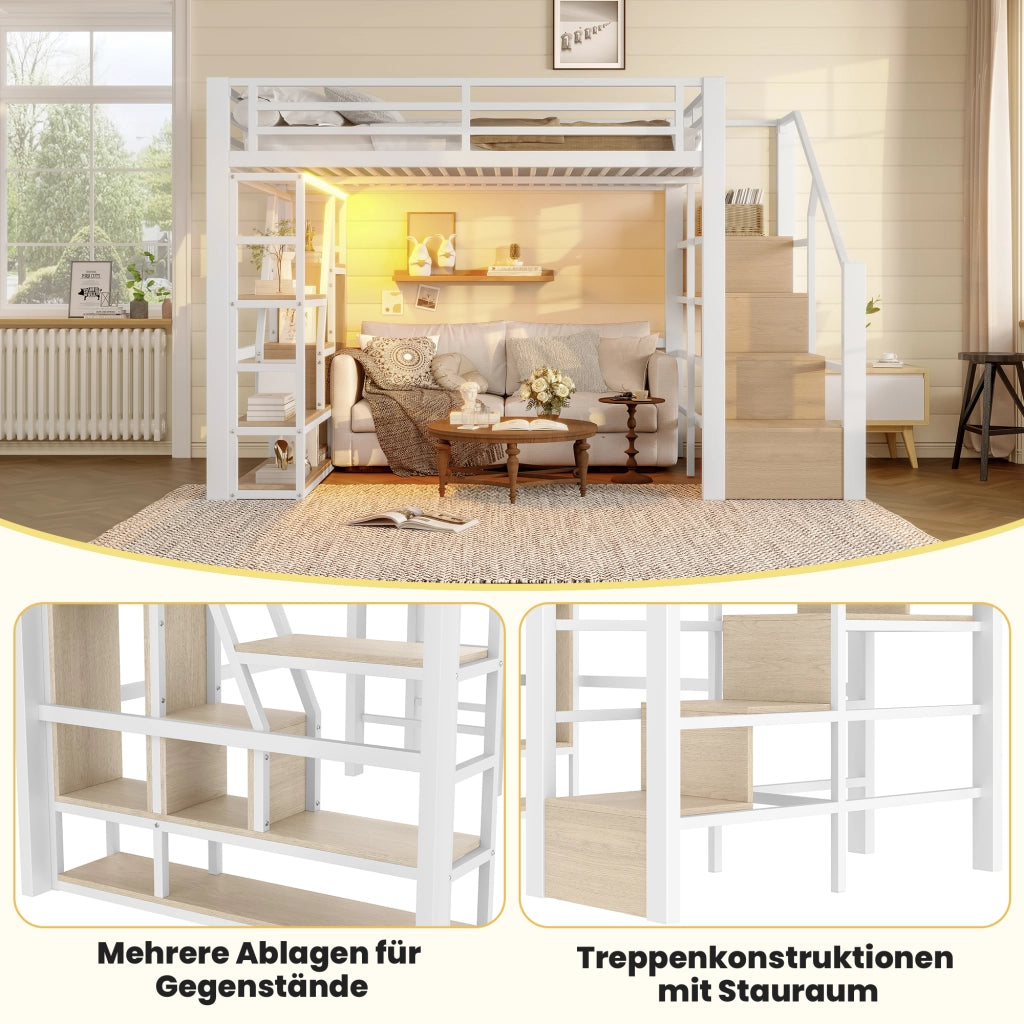 Letto a soppalco 140 × 200 cm con ripiani; scala con contenitore e LED multicolore in metallo e MDF bianco