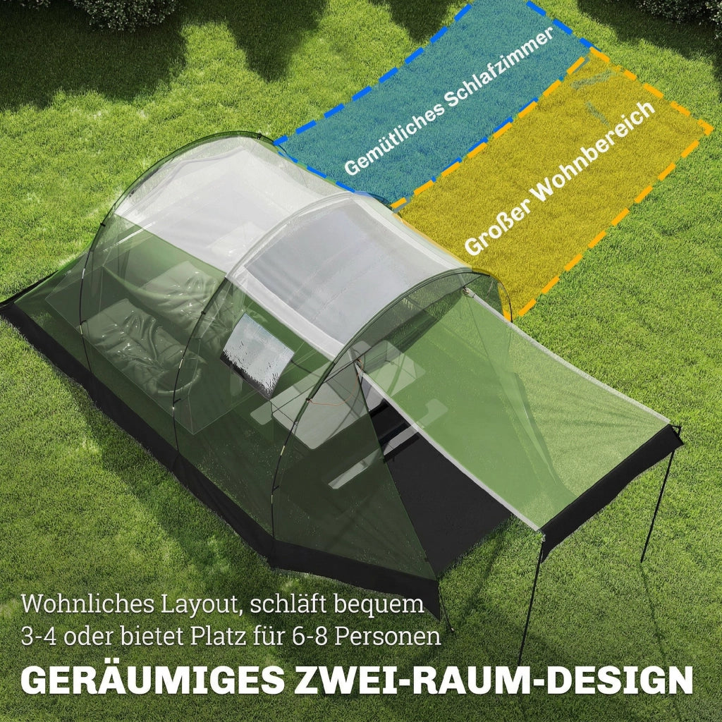Tenda da Campeggio Familiare per 3-4 Persone Impermeabile 3000mm Verde in Poliestere con Camera e Veranda Robusta
