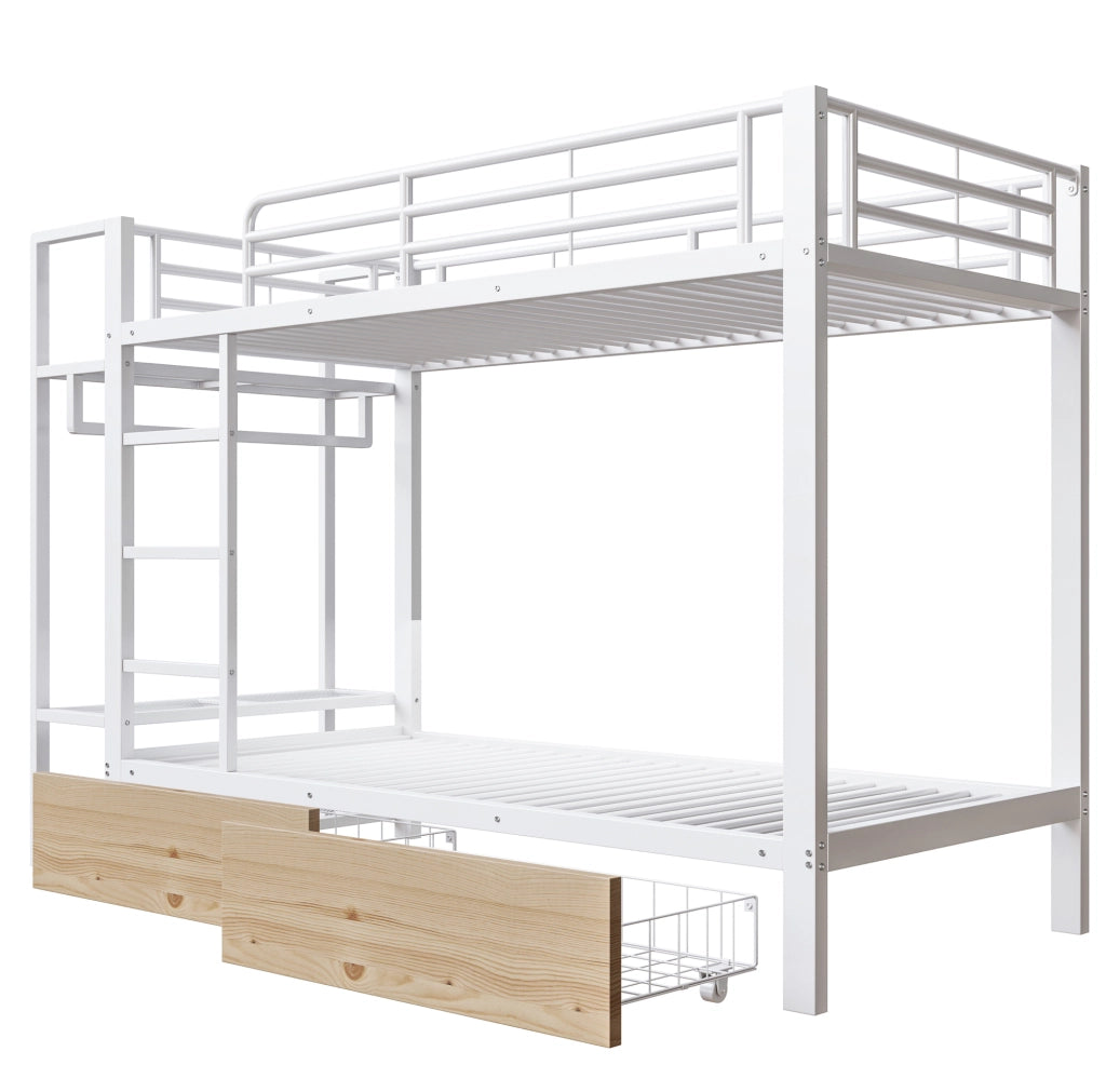 Letto a castello 90x200 cm con LED, cassetti e ripiani in metallo e MDF bianco
