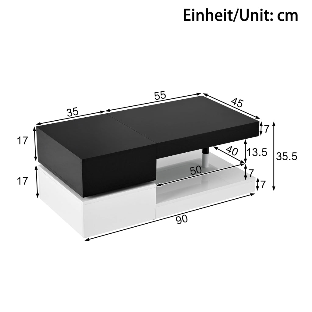 Tavolino basso fisso con LED 16 colori e ripiano in vetro; pannello truciolare nero e bianco 90 × 45 × 35.5 cm