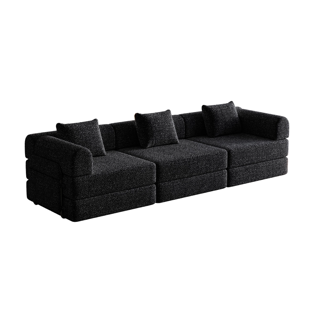 Divano letto singolo modulare 2 in 1 con vano portaoggetti nel bracciolo e base antiscivolo, in ciniglia nera