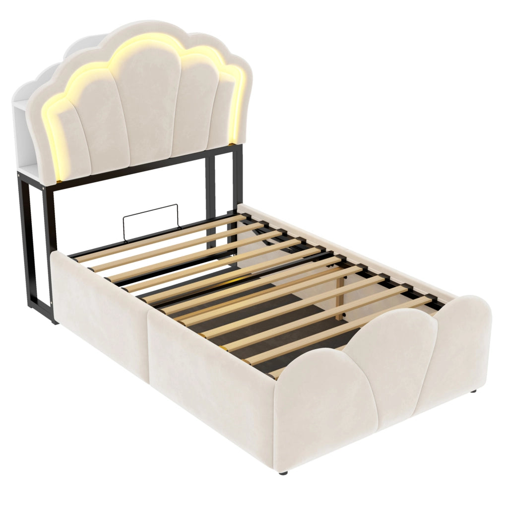 Letto singolo imbottito ULEVR 90x200 cm con contenitore idraulico, LED, prese integrate e rivestimento in velluto beige
