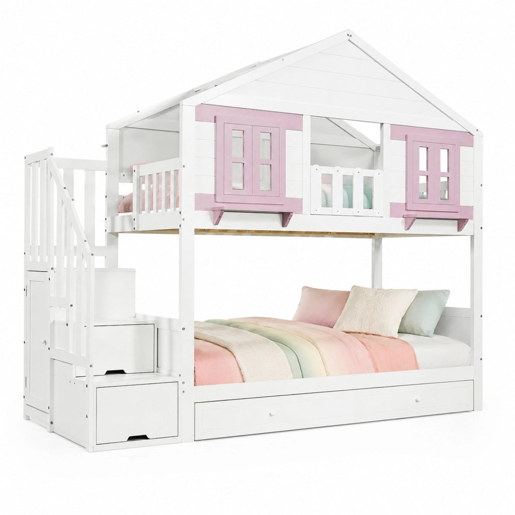 Letto a castello 90x200 cm bianco e rosa in legno e MDF, estraibile,