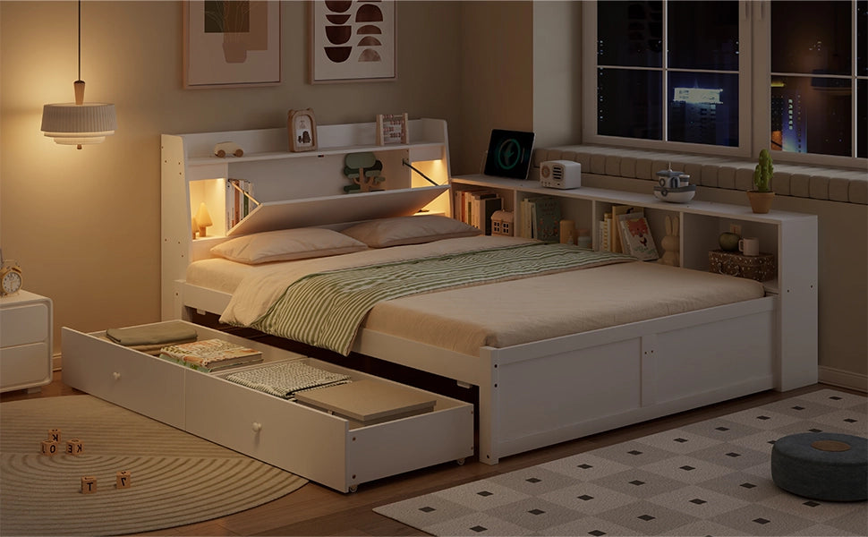 Letto matrimoniale 140x200 cm bianco in pino e MDF con testiera contenitore; luci e ricarica