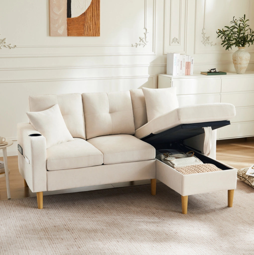 Divano angolare 3 posti con chaise longue reversibile beige