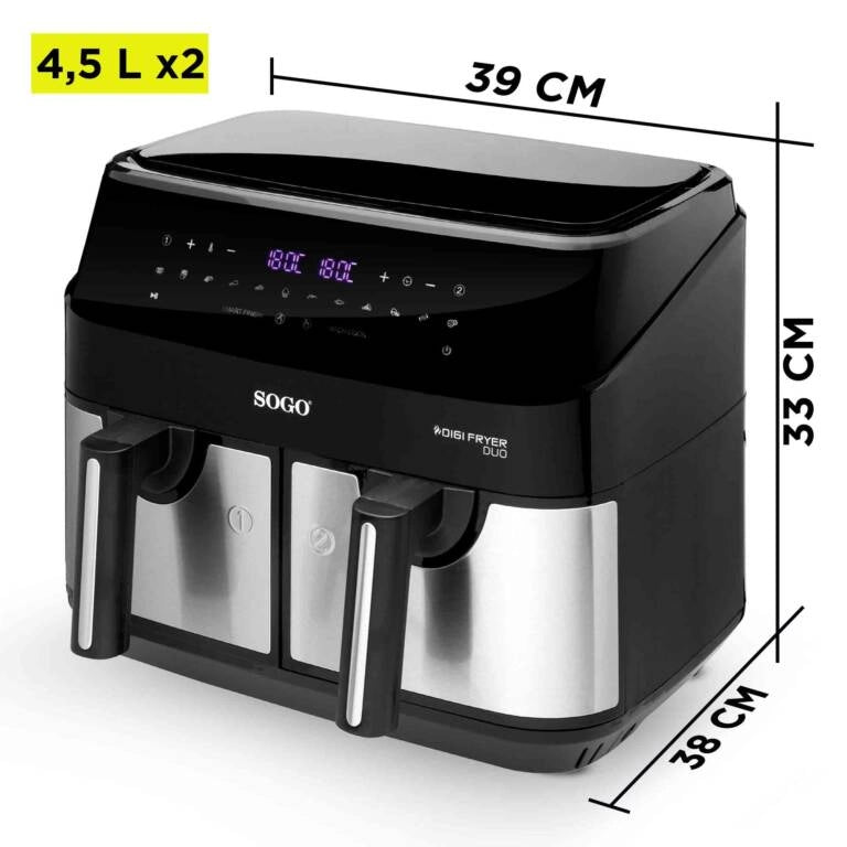 Friggitrice ad aria doppia 9L con 2 cestelli indipendenti, 12 programmi e temperatura 200°C 1750W per cucinare 2 piatti - Sogo