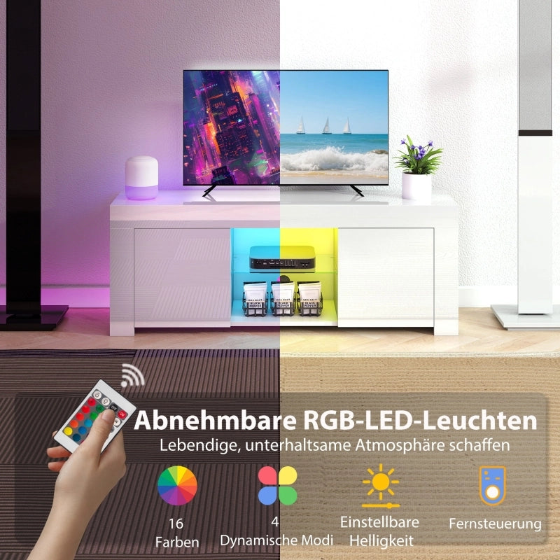 Mobile TV con 2 ante, 2 vani aperti e LED - per soggiorno - in vetro - bianco