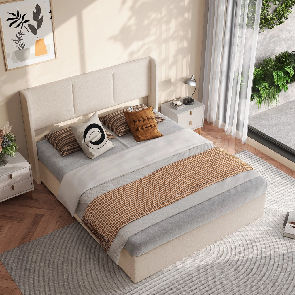 Letto matrimoniale contenitore 140x190 cm con testiera imbottita rete a doghe e vano contenitore idraulico in lino-beige
