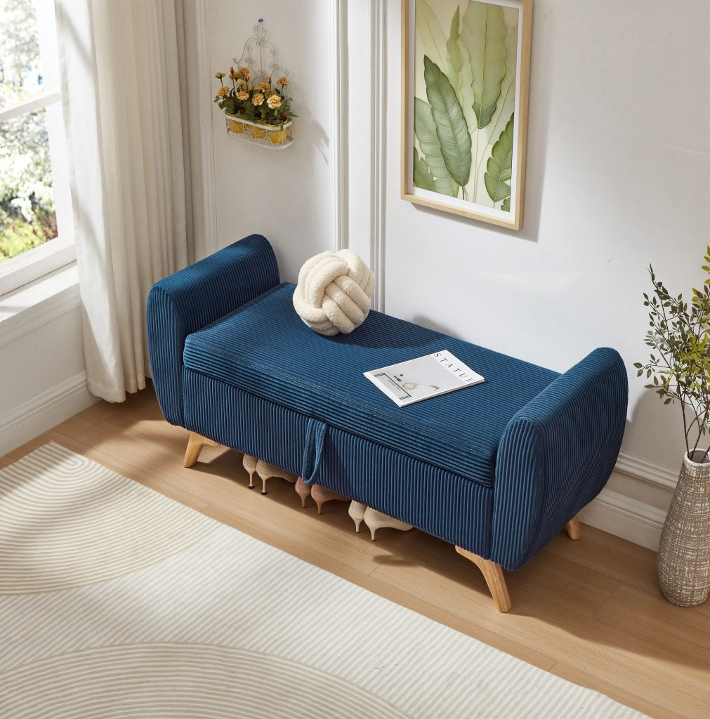 PANCA Contenitore Pieghevole in Velluto a Coste Blu con Gambe in Legno