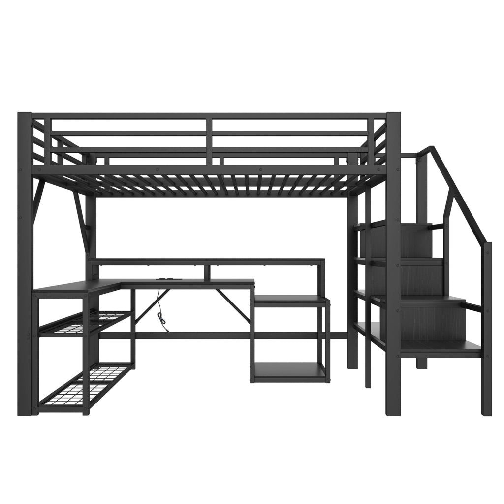 Letto soppalco 140x200 nero con scrivania LED e USB, senza materasso