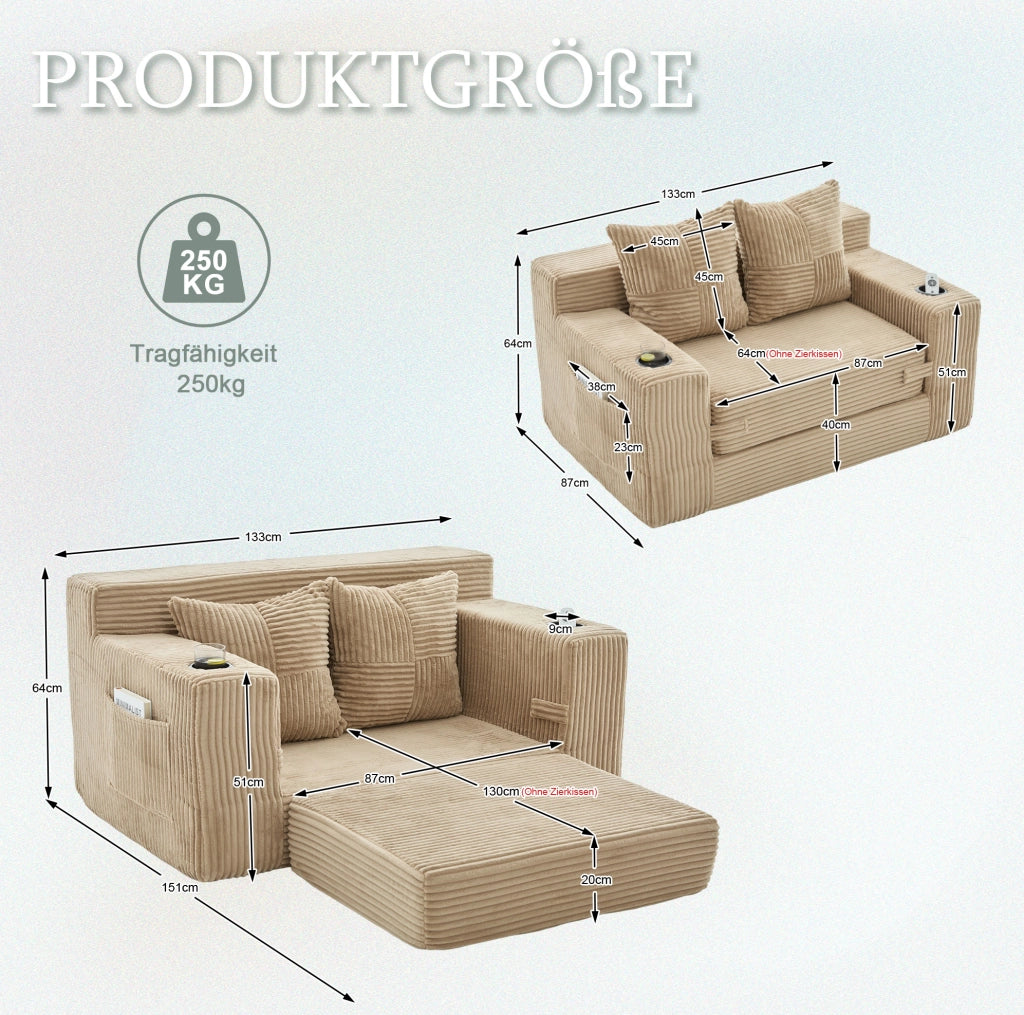 Divano imbottito 151x133x64 cm in velluto a coste kaki con tasche laterali