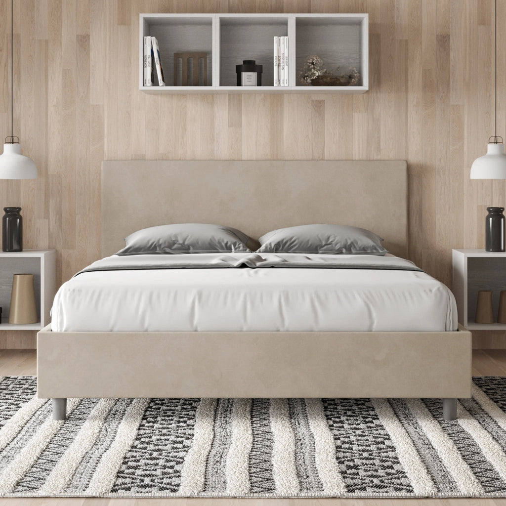 BS COM Letto matrimoniale francese contenitore imbottito 140x200 microfibra sabbia