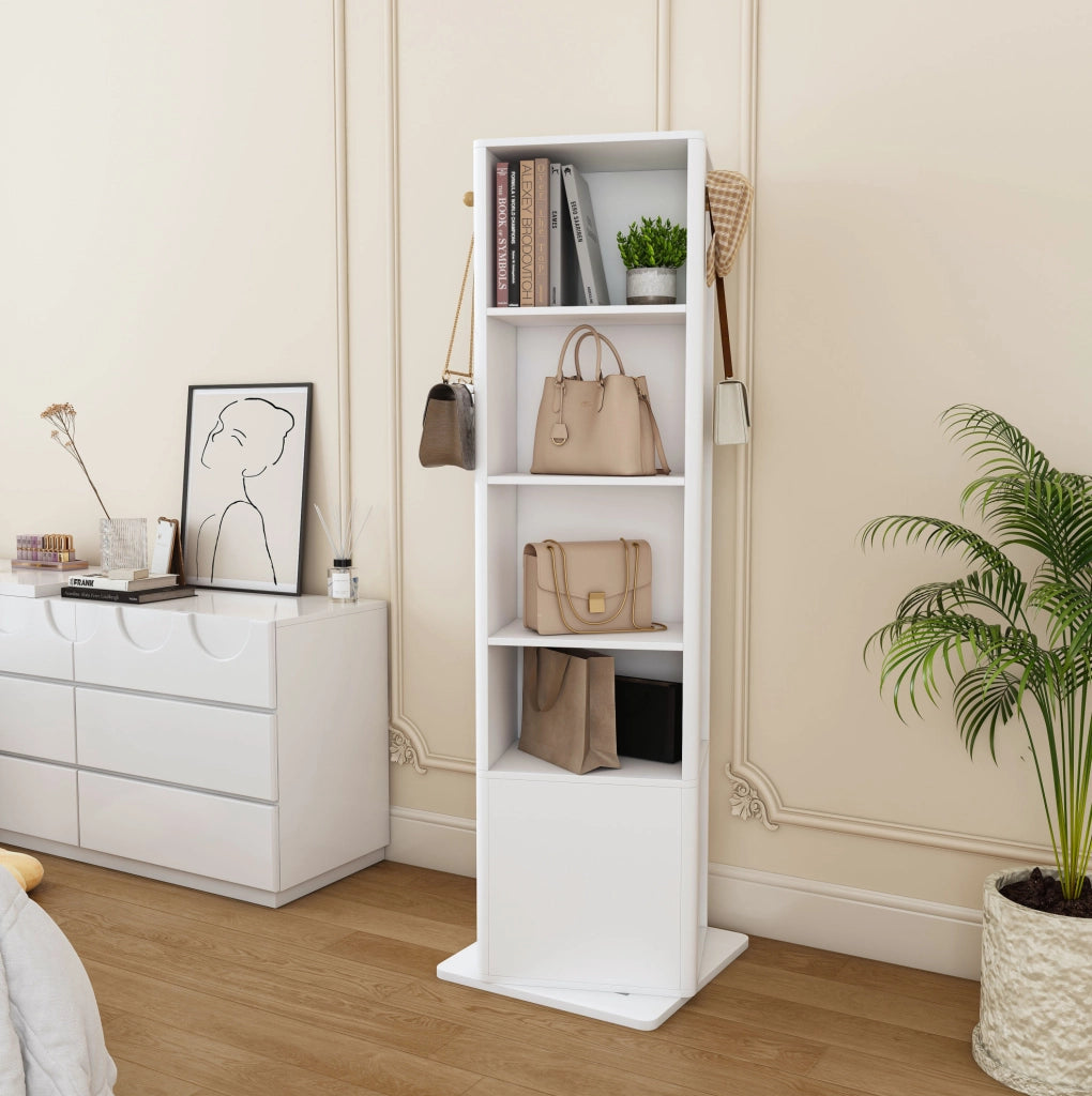 Armadio portagioie girevole 360° con specchio 170 cm; 4 ripiani e 6 ganci in MDF bianco