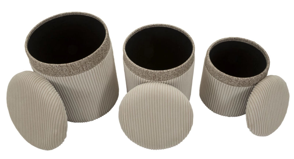 Puff con Contenitore Cortina Crema Set 3 Pz Ø40,5x49,5 cm - Ø35x42 cm - Ø31x38 cm in MDF e Spugna e Poliestere Crema