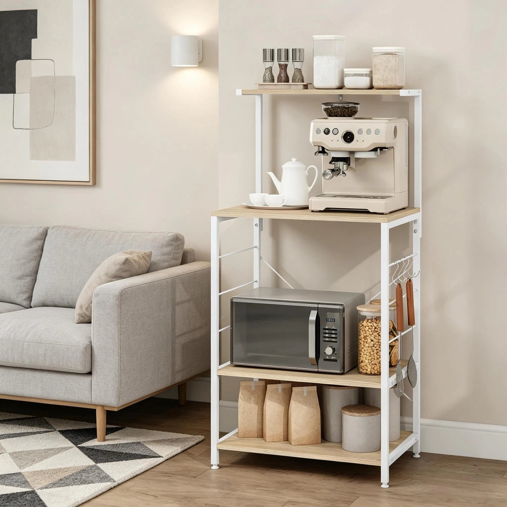 Scaffale da cucina 60x40x123 cm con 4 ripiani e ganci; legno e acciaio bianco e rovere chiaro