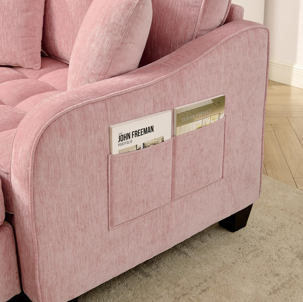 Divano trasformabile in letto e chaise longue con pouf contenitore; eucalipto; rosa