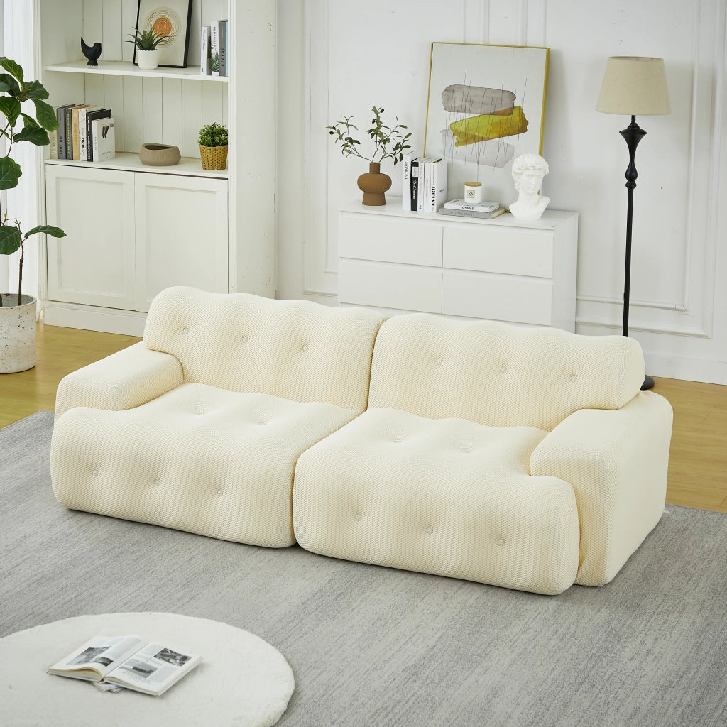 Divano modulare 2 posti con braccioli larghi e imbottitura a bottoni in tessuto beige senza montaggio 224 × 104 × 66 cm