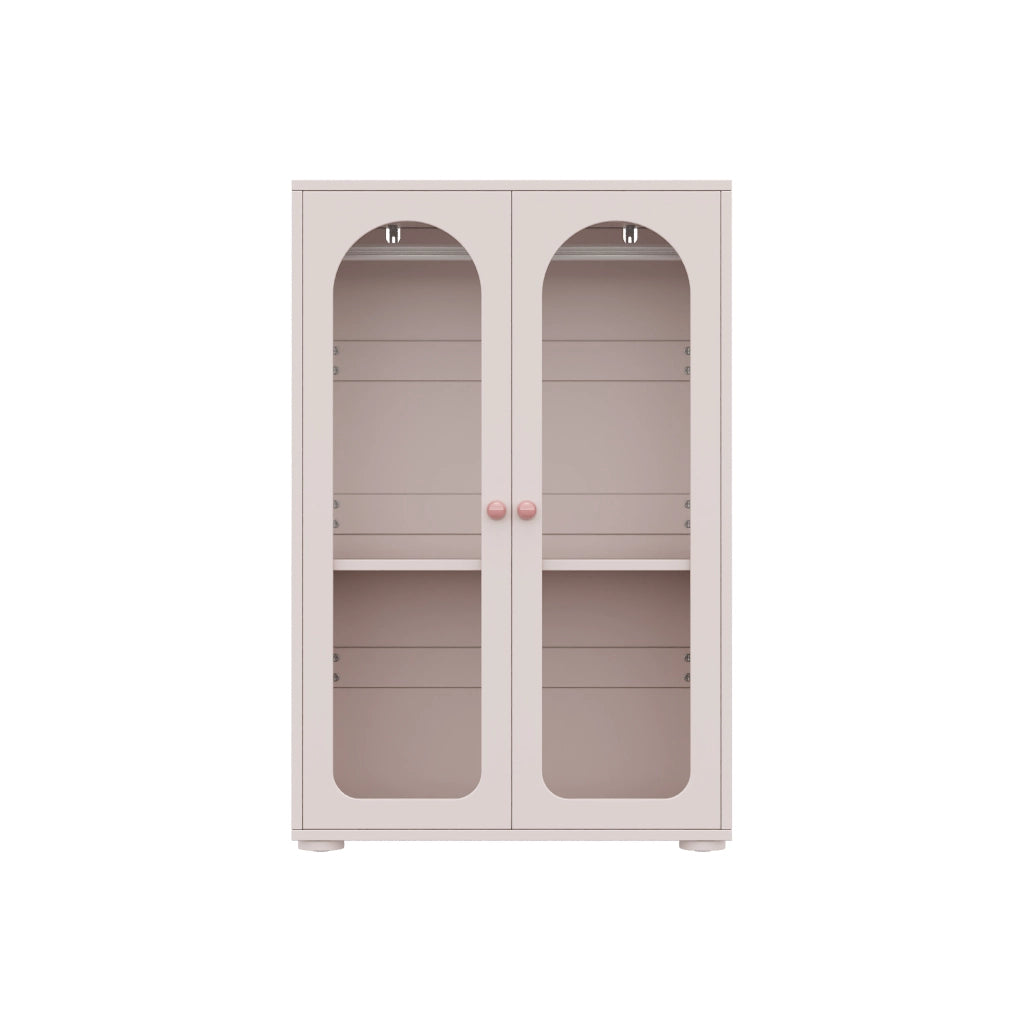Armadio per cameretta con 2 ante trasparenti, ripiani regolabili e asta appendiabiti, MDF rosa bebè, 80 × 50 × 120 cm