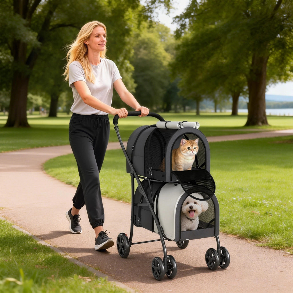Passeggino Doppio per Cani e Gatti Pieghevole ¨C Xylo ¨C 2 Trasportini Rimovibili 66x50x98cm Grigio Scuro