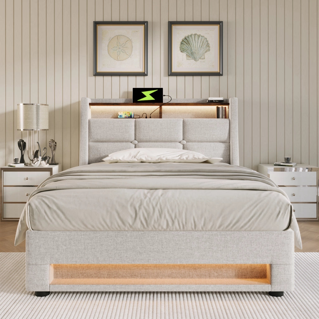 Letto imbottito singolo 90x200 cm con LED; USB e contenitore; beige chiaro