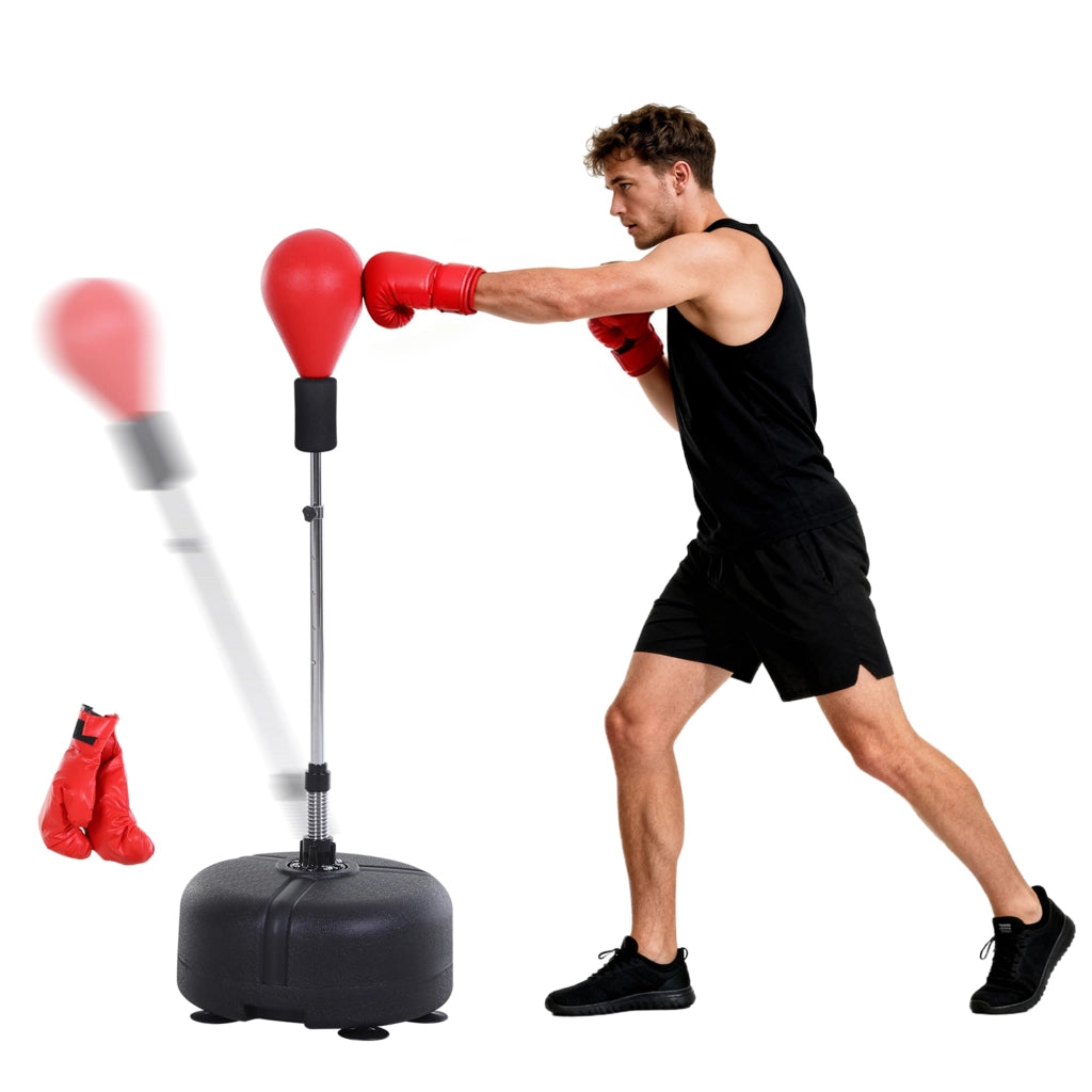 Punching Ball ad Altezza Regolabile con Guanti da Boxe in Acciaio e Finta Pelle Ø48x136-154 cm Robusto per Casa Nero e Rosso