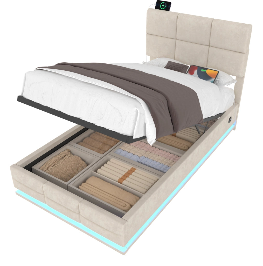 Letto matrimoniale 90x200 cm in velluto beige con LED; USB e contenitore