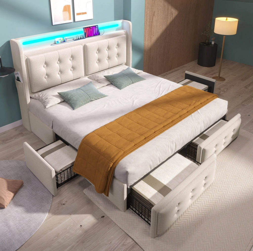 Letto matrimoniale 140x200 cm in cotone beige con LED, USB-C e 4 cassetti