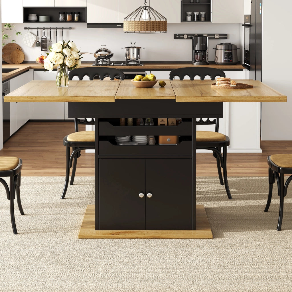 OKWISH Tavolo da Pranzo Allungabile con Vano Contenitore Integrato e Ripiani Estraibili, MDF, Nero, 110-140x80x76 cm