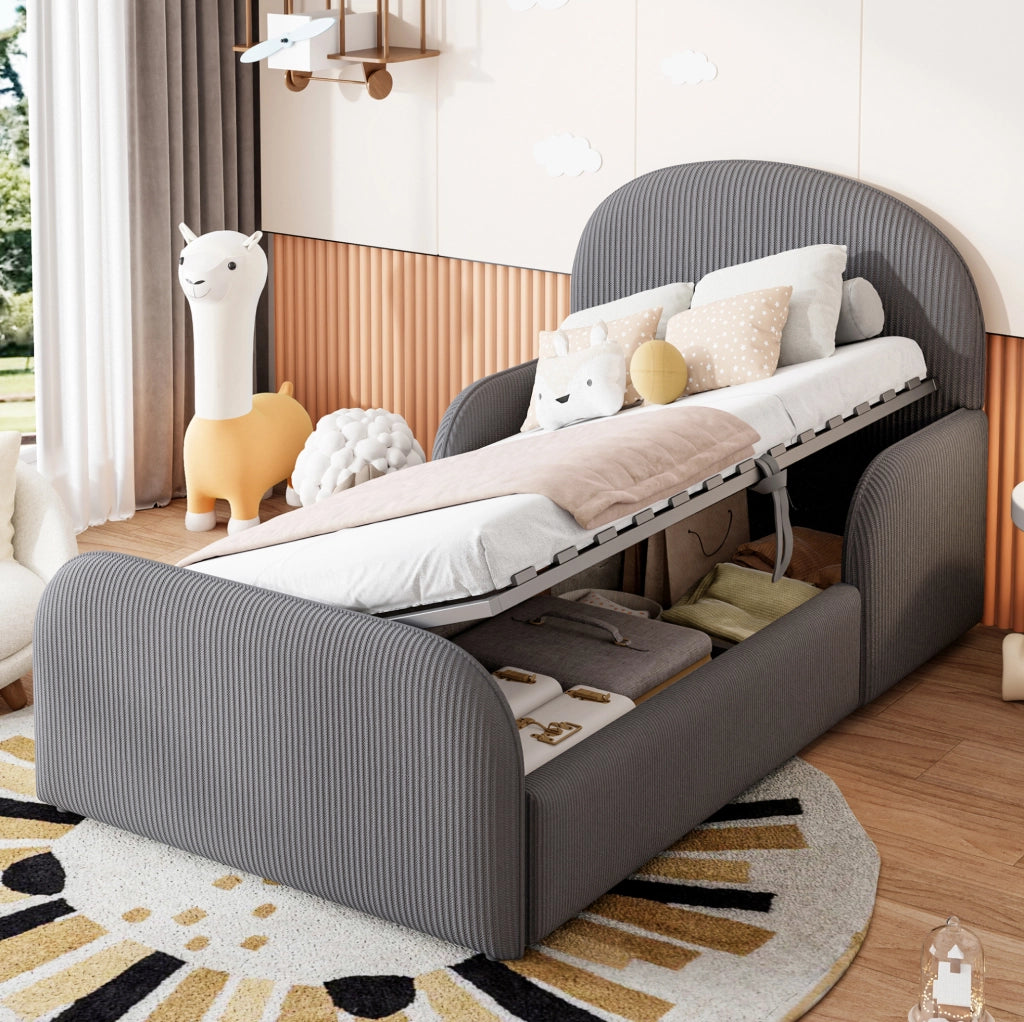 Letto imbottito per bambini 90x200 cm in velluto grigio con contenitore idraulico