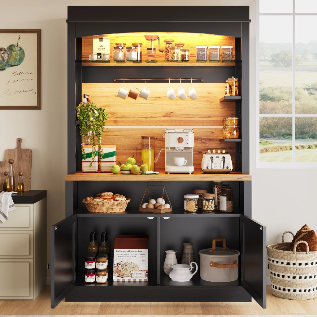 Credenza da cucina alta con ripiani LED, 2 ante e 6 ganci, per cucina e soggiorno, nera, 107 × 43 × 184 cm