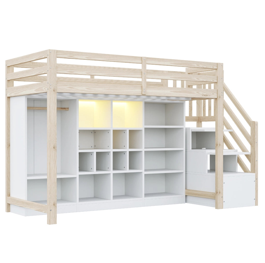 Letto a soppalco 90x200 cm in legno di pino con armadio integrato, ripiani, scala laterale con contenitori e illuminazione LED